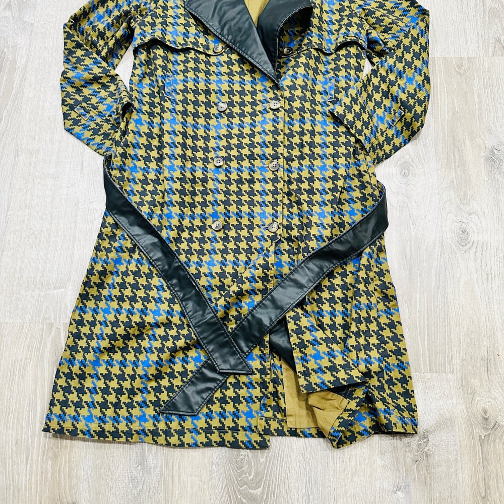 The Drop signedblake Houndstooth Trench Coat Olive Blue Faux Leather Trim M - Picture 11 of 16